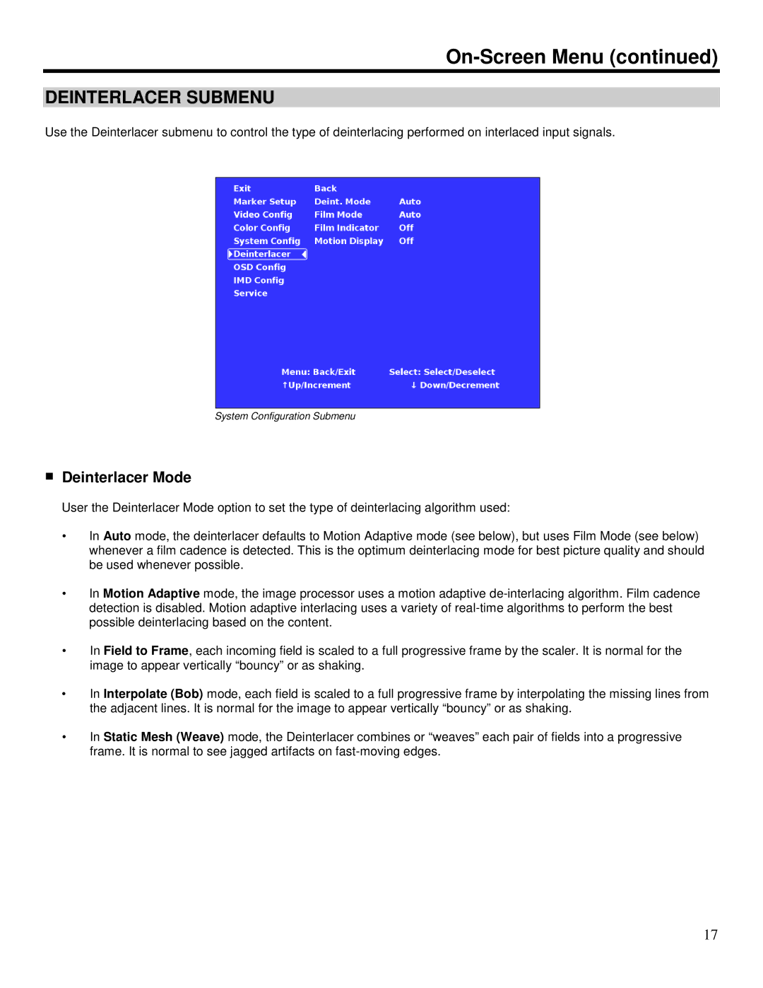 Marshall electronic V-R1041-IMD-TE4U operating instructions Deinterlacer Submenu, Deinterlacer Mode 