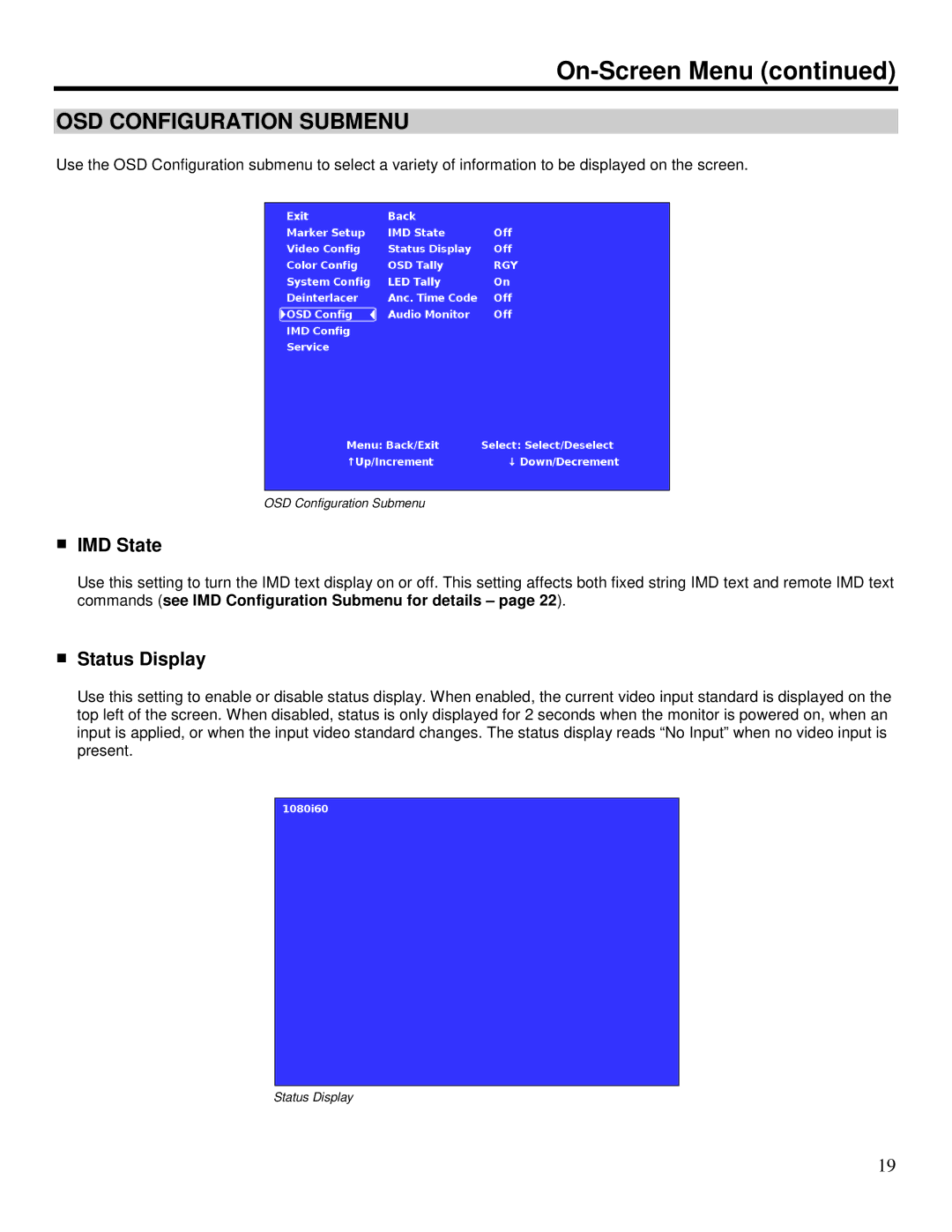 Marshall electronic V-R1041-IMD-TE4U operating instructions OSD Configuration Submenu, IMD State, Status Display 