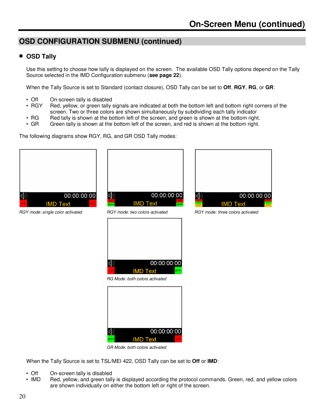 Marshall electronic V-R1041-IMD-TE4U operating instructions OSD Configuration Submenu, OSD Tally 