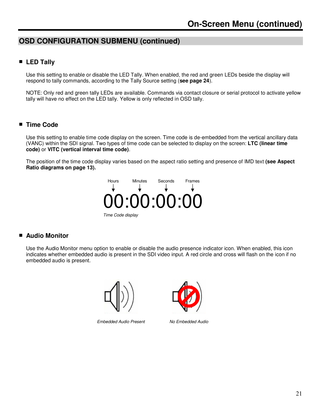 Marshall electronic V-R1041-IMD-TE4U operating instructions LED Tally, Time Code, Audio Monitor 