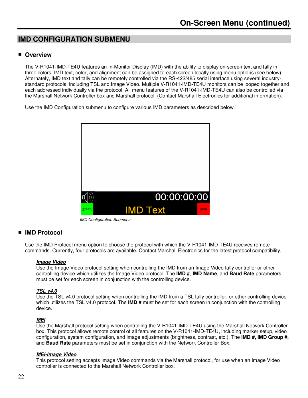 Marshall electronic V-R1041-IMD-TE4U operating instructions IMD Configuration Submenu, Overview, IMD Protocol 