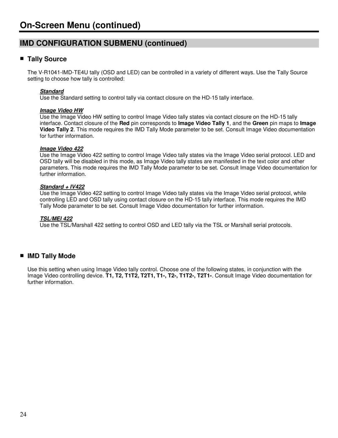 Marshall electronic V-R1041-IMD-TE4U operating instructions Tally Source, IMD Tally Mode 