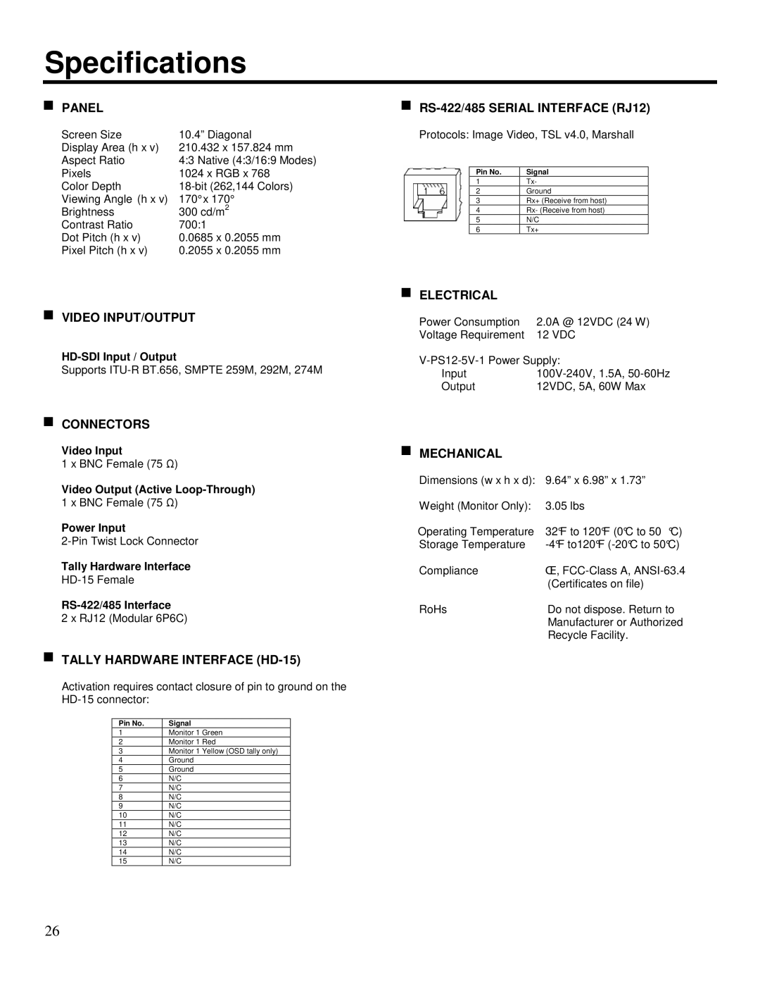 Marshall electronic V-R1041-IMD-TE4U operating instructions Specifications, Panel 