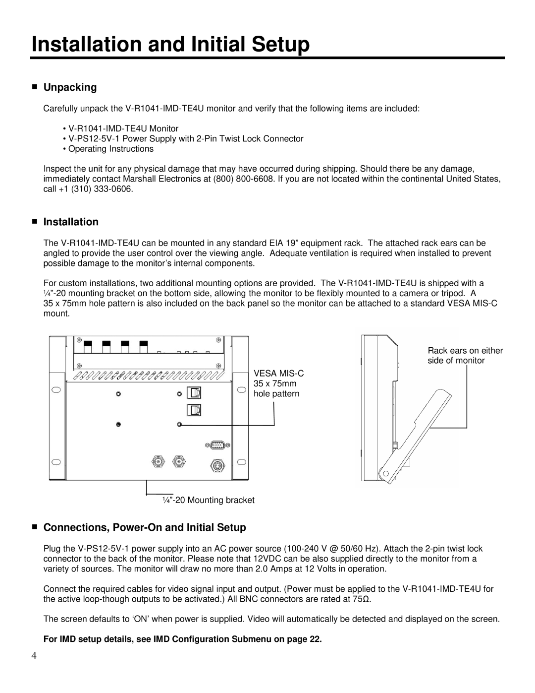 Marshall electronic V-R1041-IMD-TE4U Installation and Initial Setup, Unpacking, Connections, Power-On and Initial Setup 