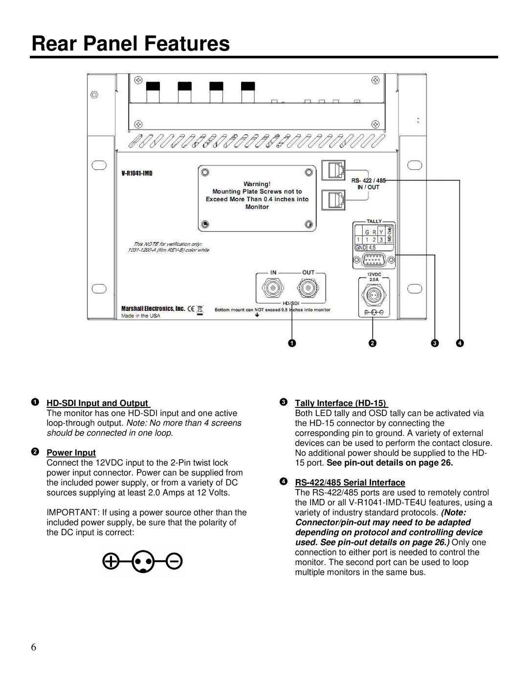 Marshall electronic V-R1041-IMD-TE4U operating instructions Rear Panel Features, HD-SDI Input and Output 