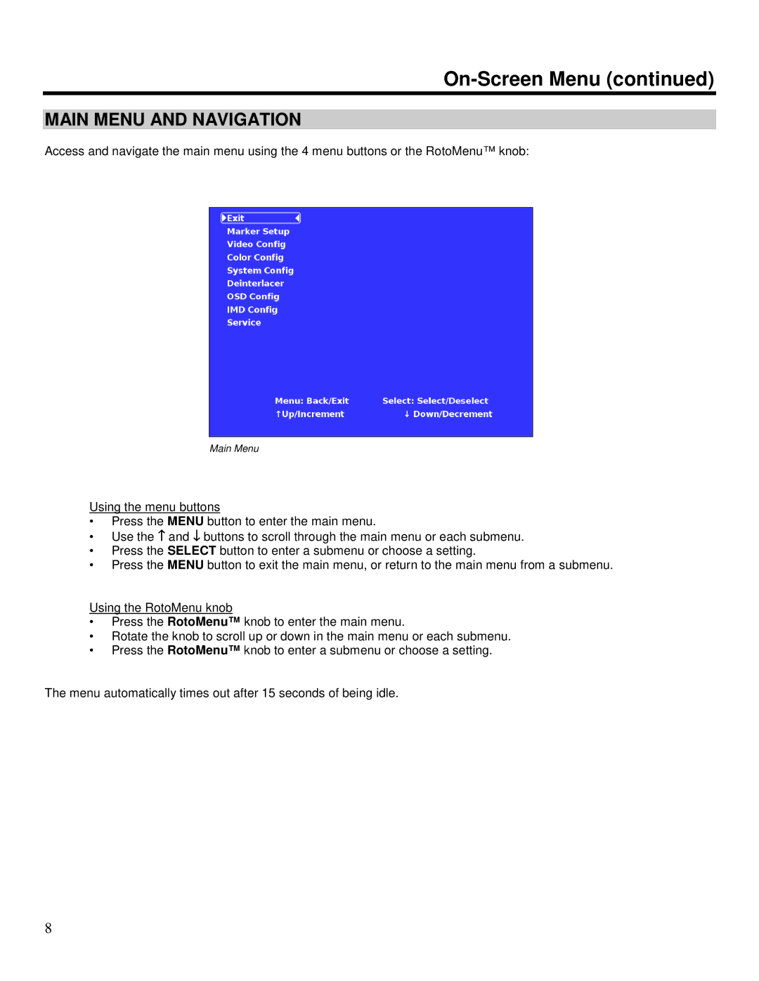 Marshall electronic V-R1041-IMD-TE4U operating instructions On-Screen Menu, Main Menu and Navigation 