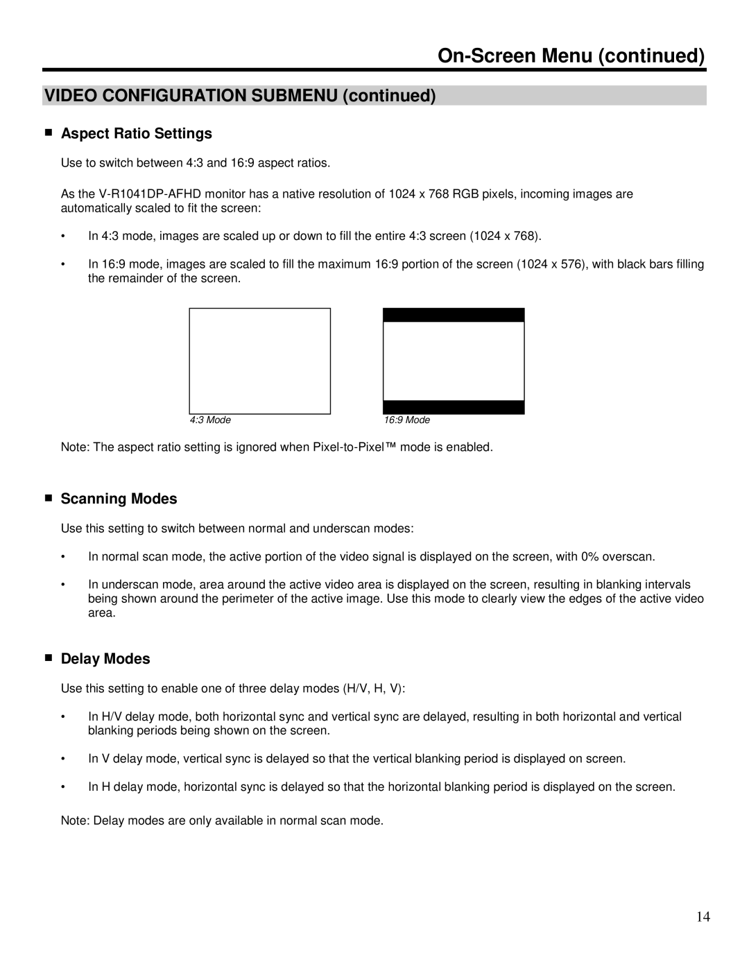 Marshall electronic V-R1041DP-AFHD operating instructions Aspect Ratio Settings, Scanning Modes, Delay Modes 