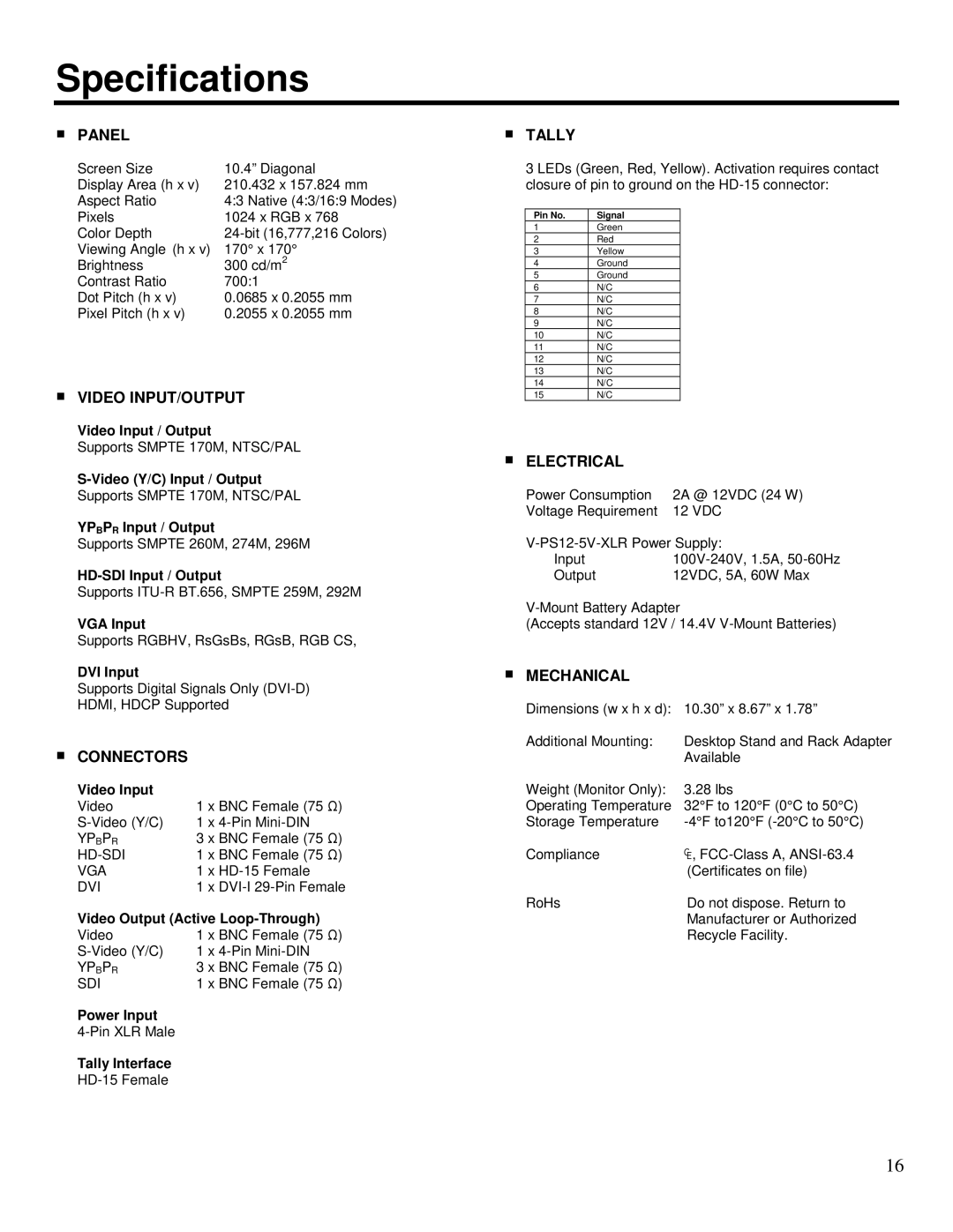 Marshall electronic V-R1041DP-AFHD operating instructions Specifications, Panel 