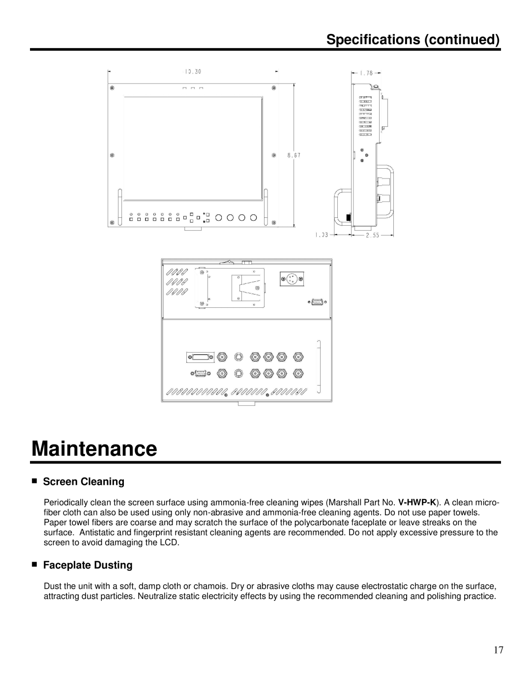 Marshall electronic V-R1041DP-AFHD operating instructions Maintenance, Screen Cleaning, Faceplate Dusting 