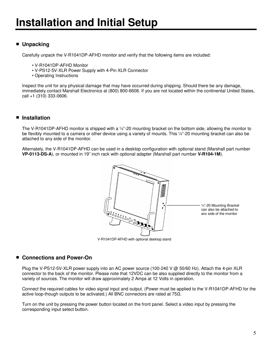 Marshall electronic V-R1041DP-AFHD Installation and Initial Setup, Unpacking, Connections and Power-On 