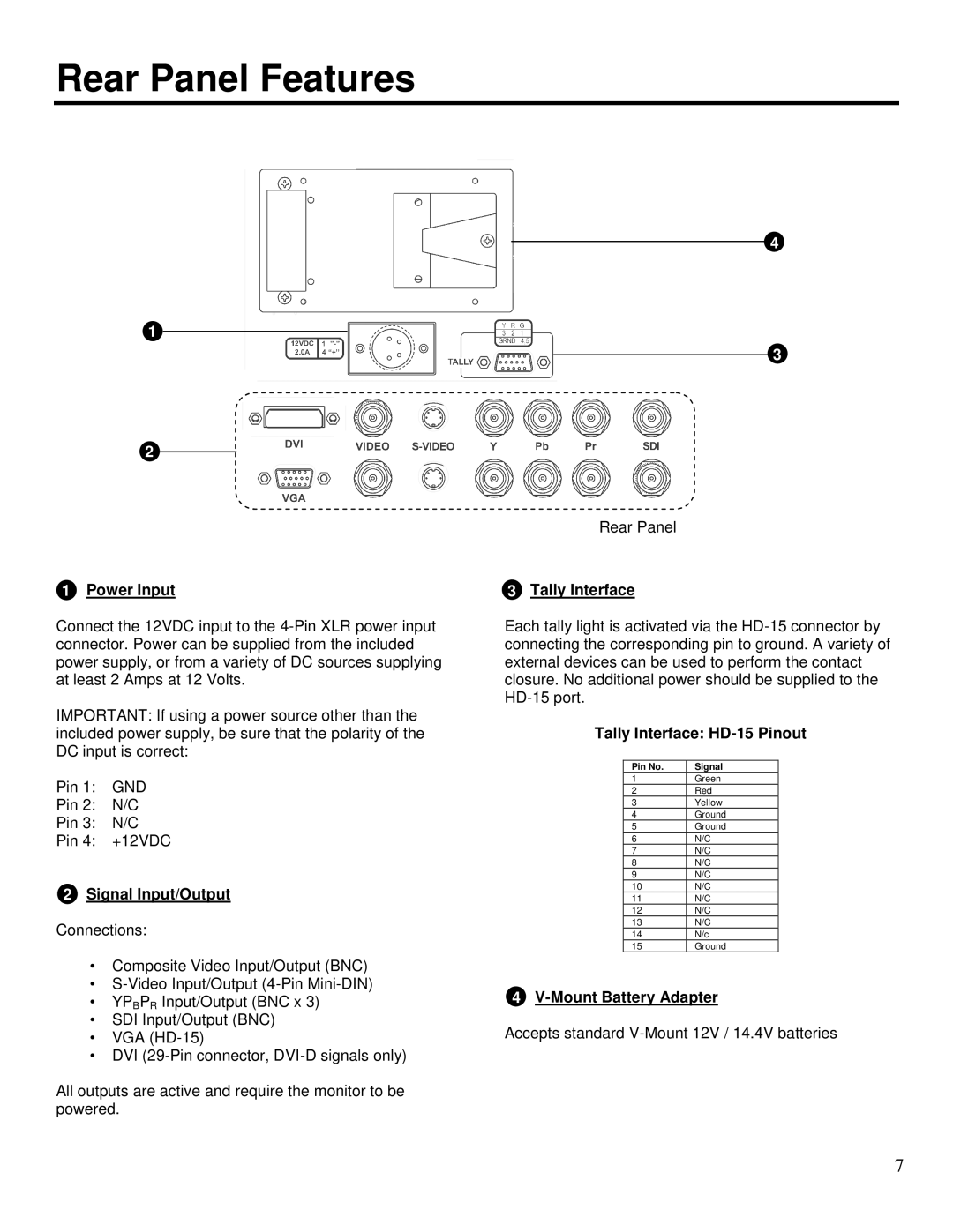 Marshall electronic V-R1041DP-AFHD operating instructions Rear Panel Features, Power Input 