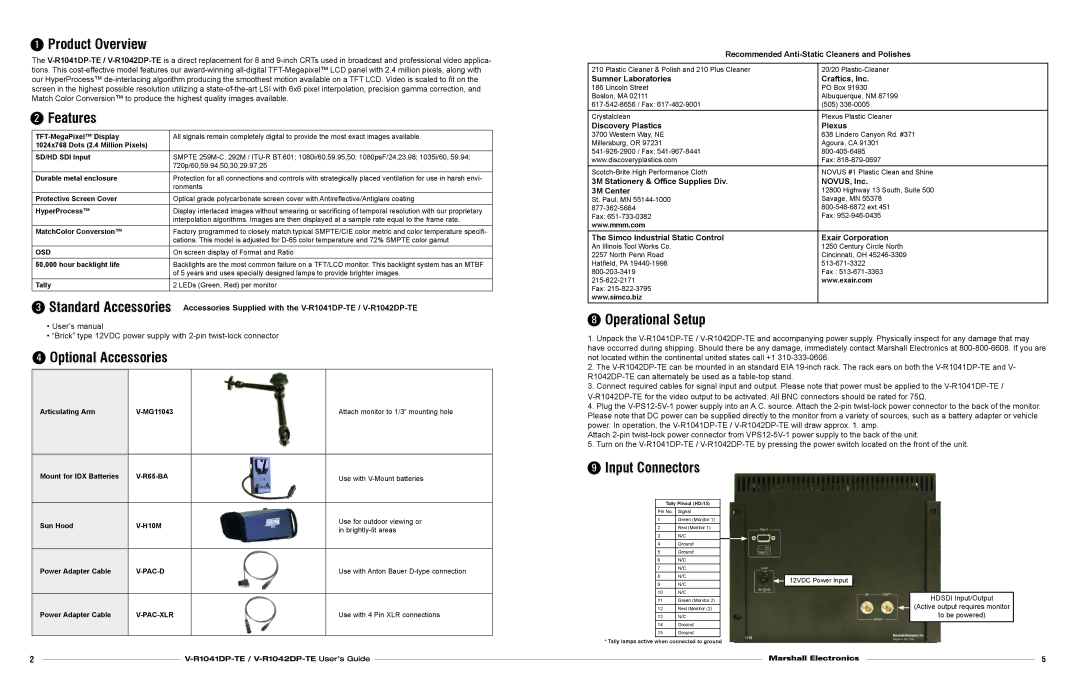 Marshall electronic V-R1041DP-TE Product Overview, Features, Optional Accessories, Operational Setup, Input Connectors 