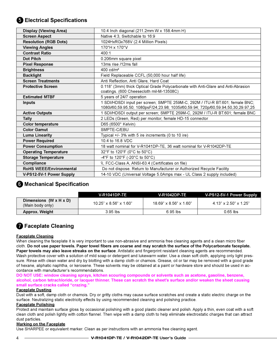 Marshall electronic V-R1041DP-TE specifications Electrical Speciﬁcations, Mechanical Speciﬁcation, Faceplate Cleaning 