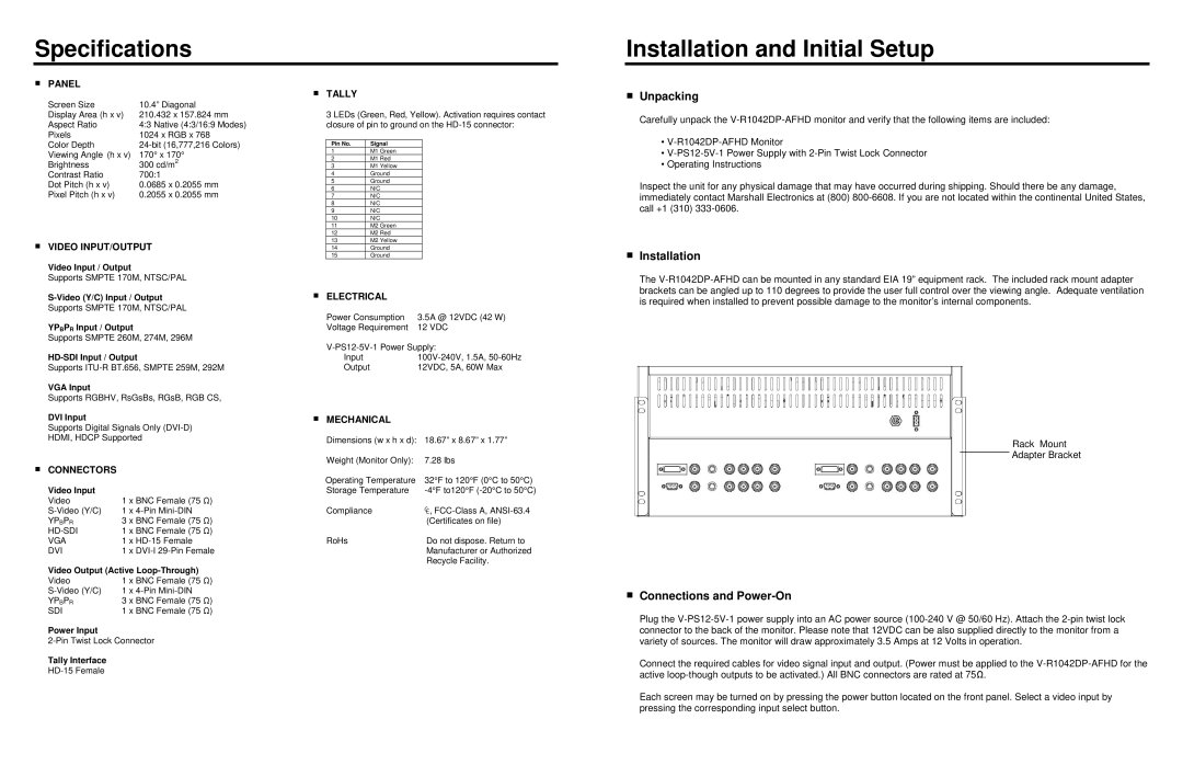 Marshall electronic V-R1042DP-AFHD Specifications Installation and Initial Setup, Unpacking, Connections and Power-On 