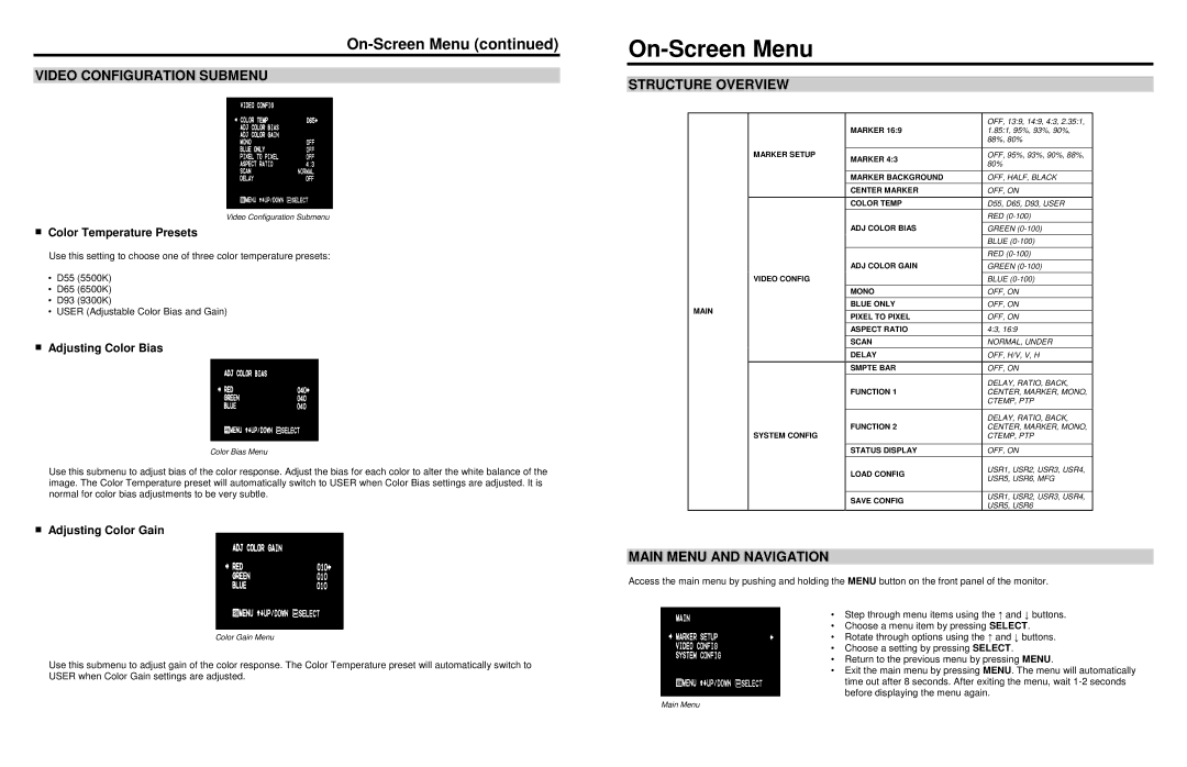 Marshall electronic V-R1042DP-AFHD manual On-Screen Menu, Video Configuration Submenu, Structure Overview 