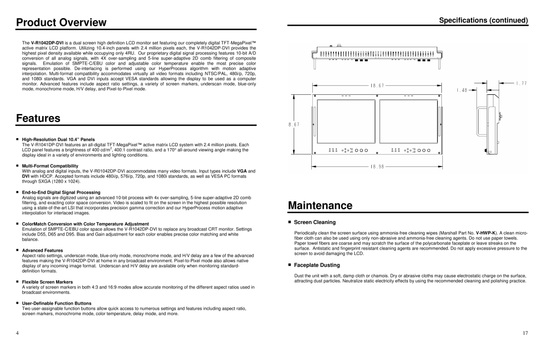 Marshall electronic V-R1042DP-DVI Product Overview, Features, Maintenance, Screen Cleaning, Faceplate Dusting 