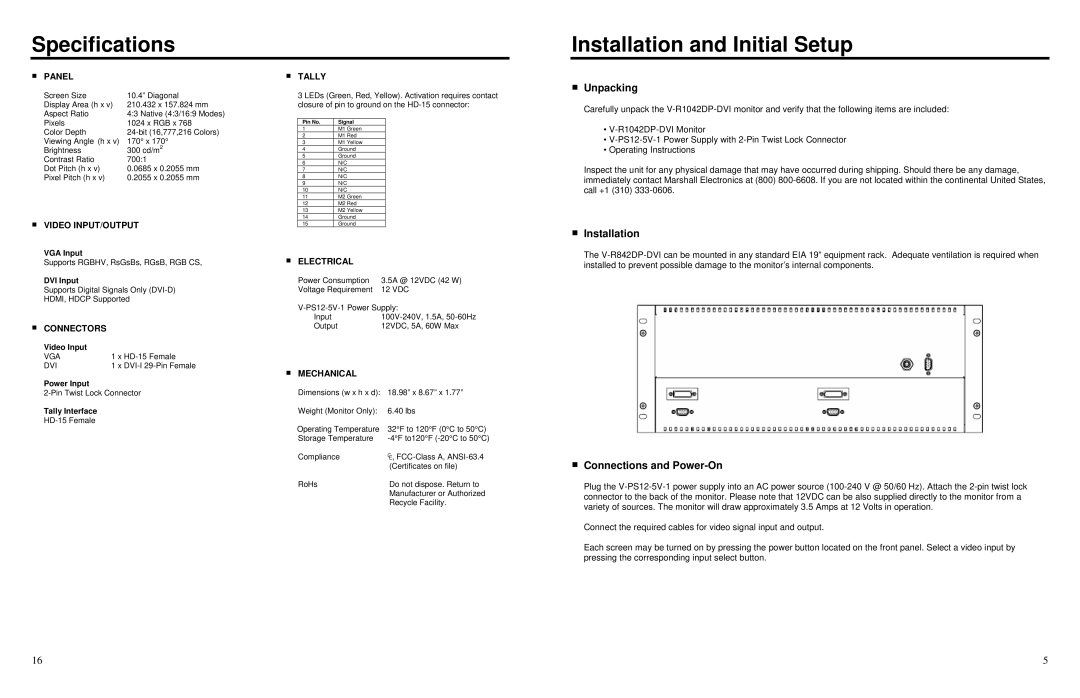 Marshall electronic V-R1042DP-DVI Specifications Installation and Initial Setup, Unpacking, Connections and Power-On 