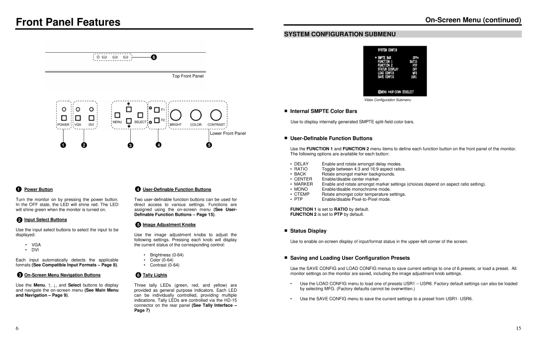 Marshall electronic V-R1042DP-DVI operating instructions Front Panel Features, System Configuration Submenu 