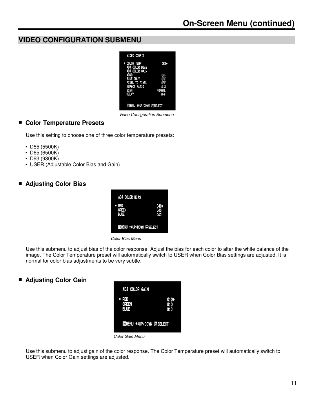 Marshall electronic V-R151DP-AFHD manual Video Configuration Submenu, Color Temperature Presets, Adjusting Color Bias 