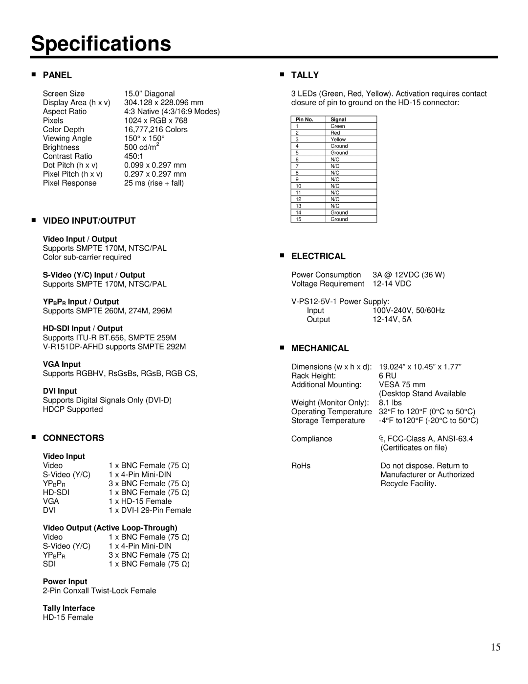 Marshall electronic V-R151DP-AFHD, V-R151DP-AFSD manual Specifications, Panel 