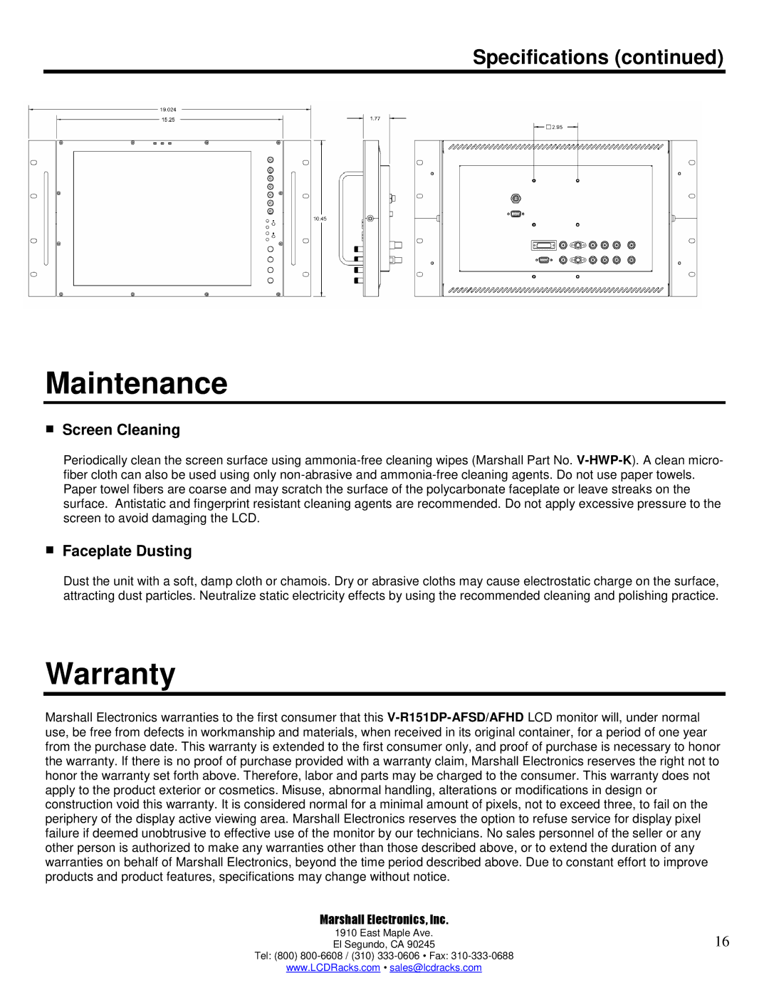 Marshall electronic V-R151DP-AFSD, V-R151DP-AFHD manual Maintenance, Warranty, Screen Cleaning, Faceplate Dusting 