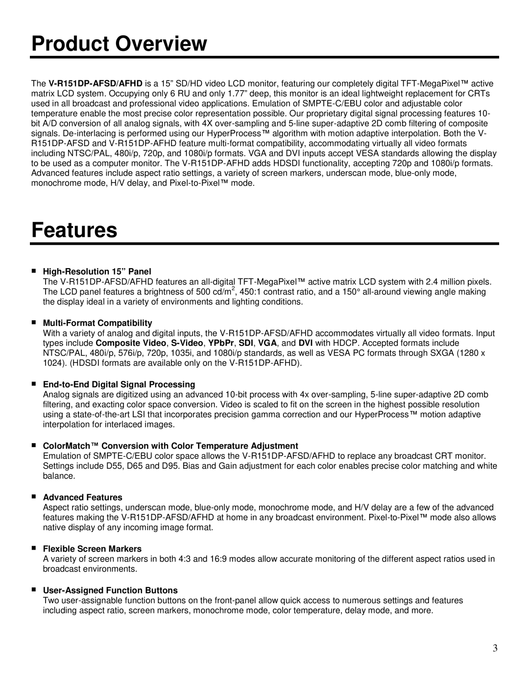 Marshall electronic V-R151DP-AFHD, V-R151DP-AFSD manual Product Overview, Features 