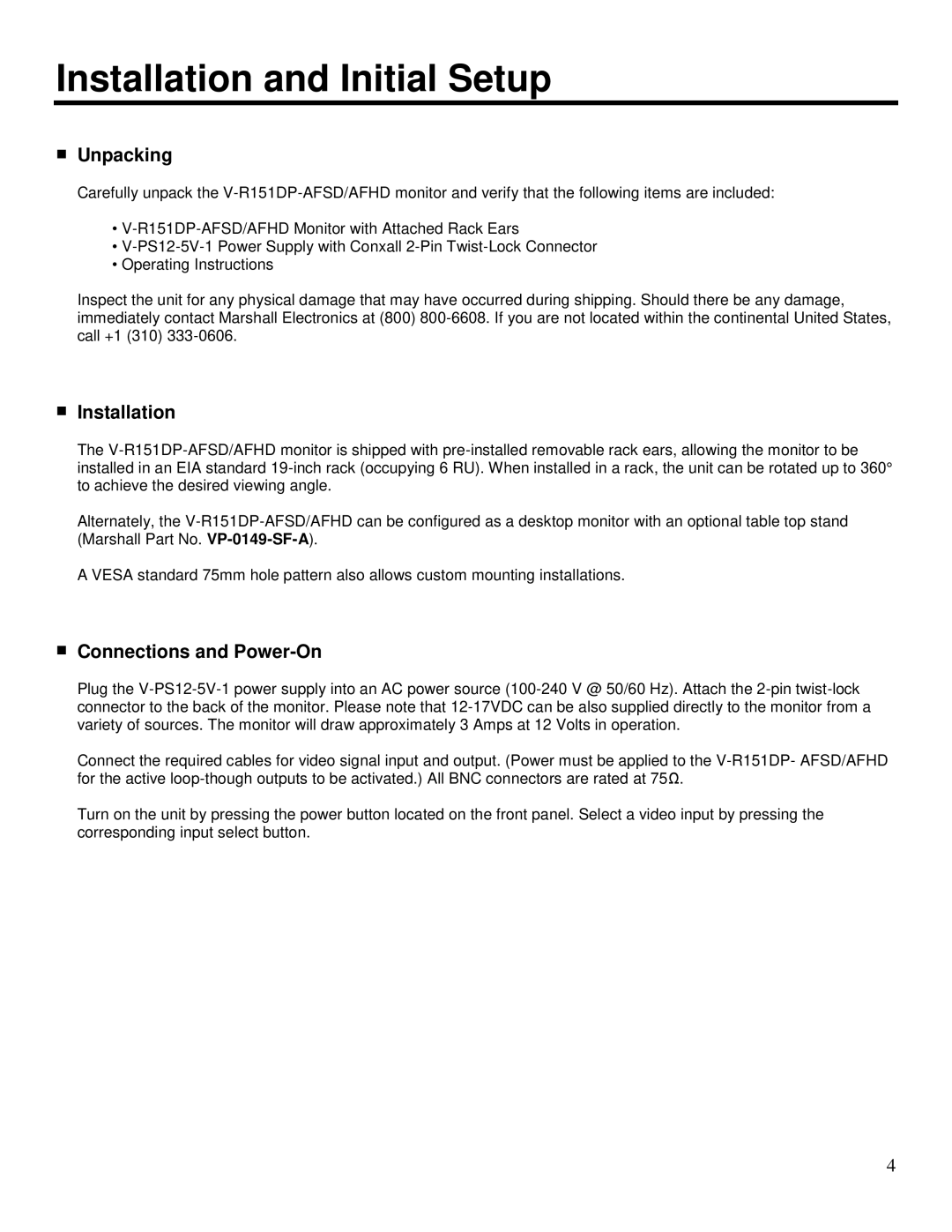 Marshall electronic V-R151DP-AFSD, V-R151DP-AFHD manual Installation and Initial Setup, Unpacking, Connections and Power-On 