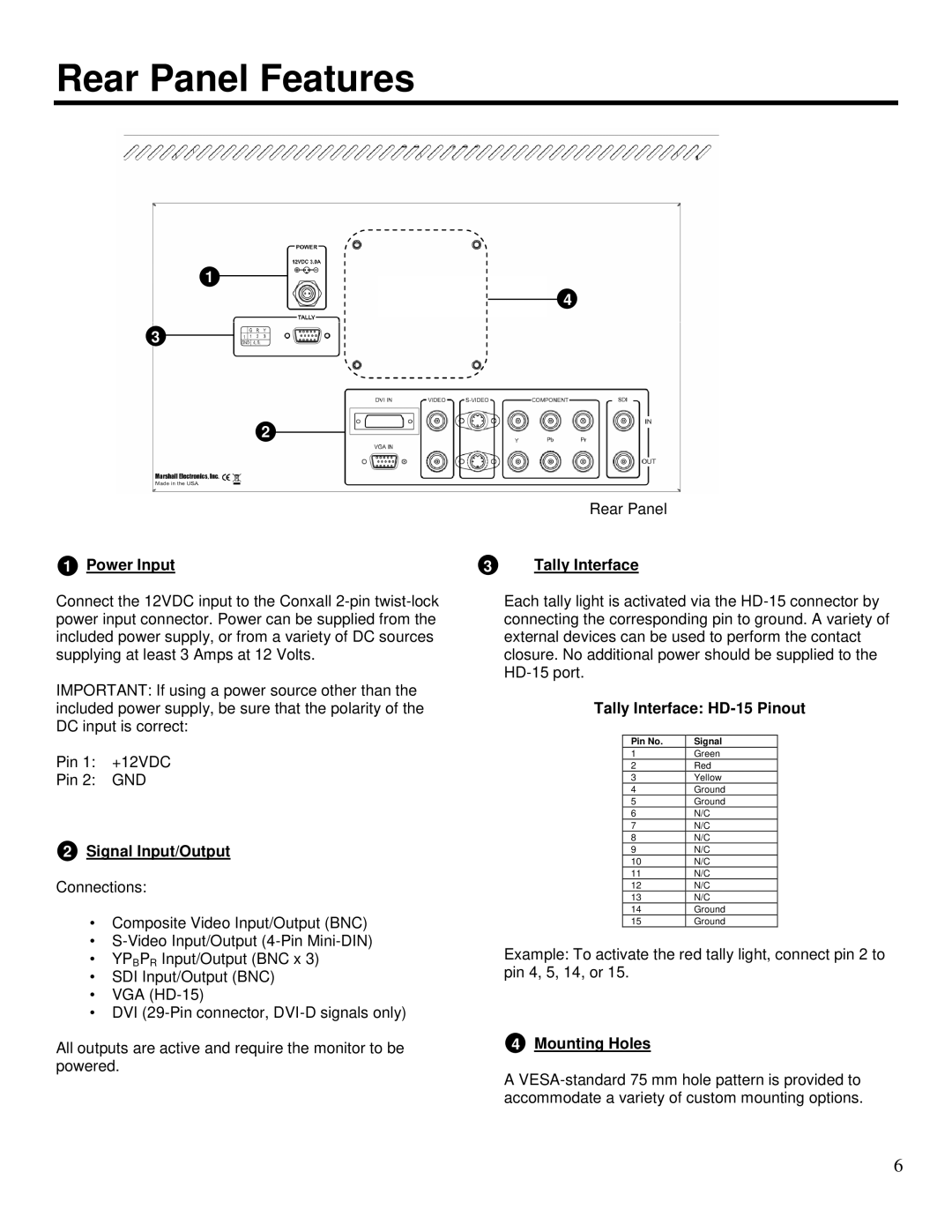 Marshall electronic V-R151DP-AFSD, V-R151DP-AFHD manual Rear Panel Features, Power Input 