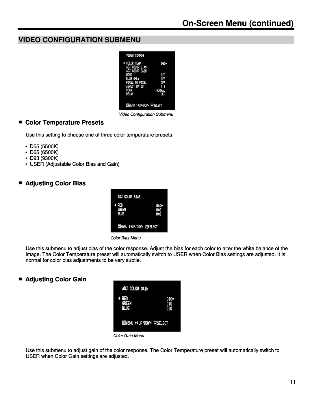 Marshall electronic V-R151DP-AFHD manual Video Configuration Submenu, Color Temperature Presets, Adjusting Color Bias 