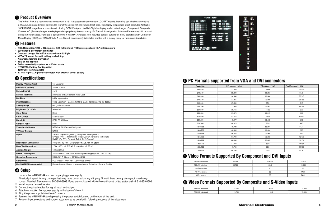 Marshall electronic V-R151P-4A warranty PC Formats supported from VGA and DVI connectors 