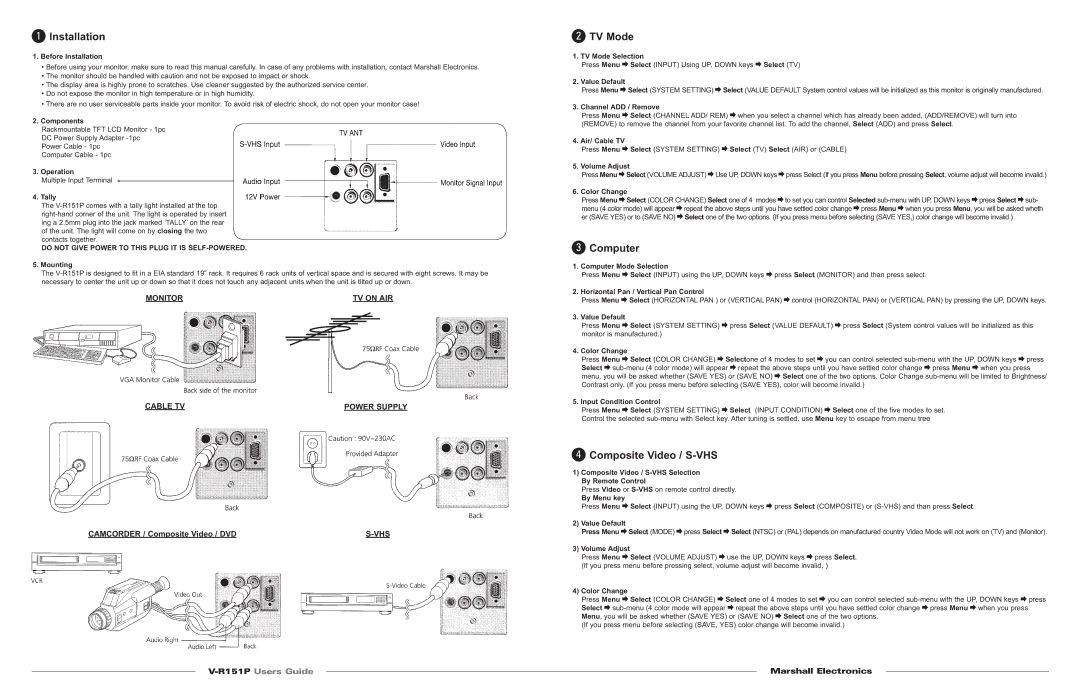 Marshall electronic V-R151P warranty Installation, TV Mode, Computer, Composite Video / S-VHS 