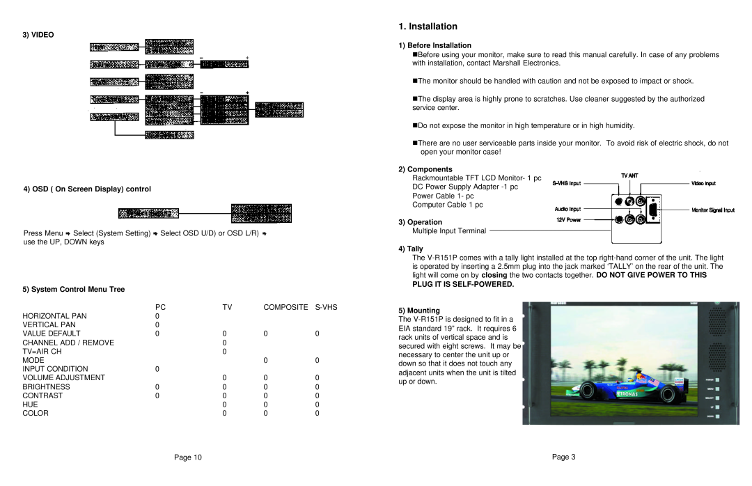 Marshall electronic V-R151PV-R151P Installation, VIDEO 4 OSD On Screen Display control, System Control Menu Tree, Tally 