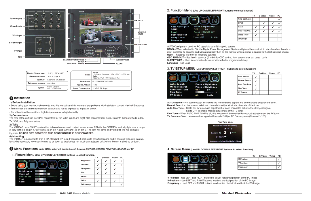 Marshall electronic V-R154P warranty Before Installation, Connections, Tally, Mounting 