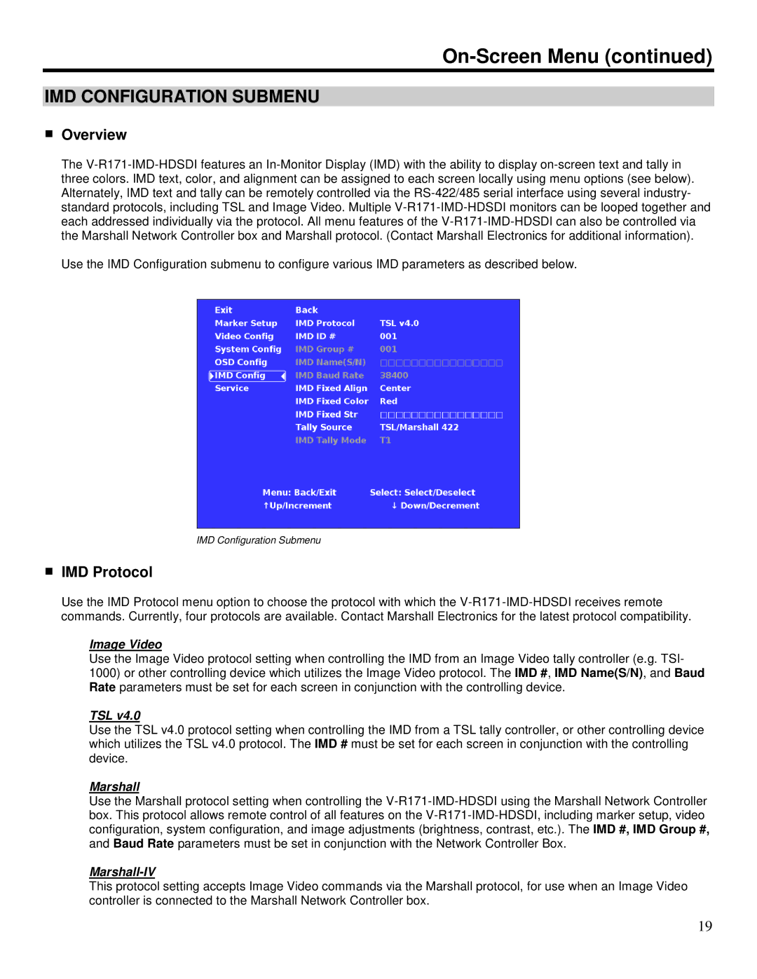 Marshall electronic V-R171-IMD-HDSDI manual IMD Configuration Submenu, Overview, IMD Protocol 