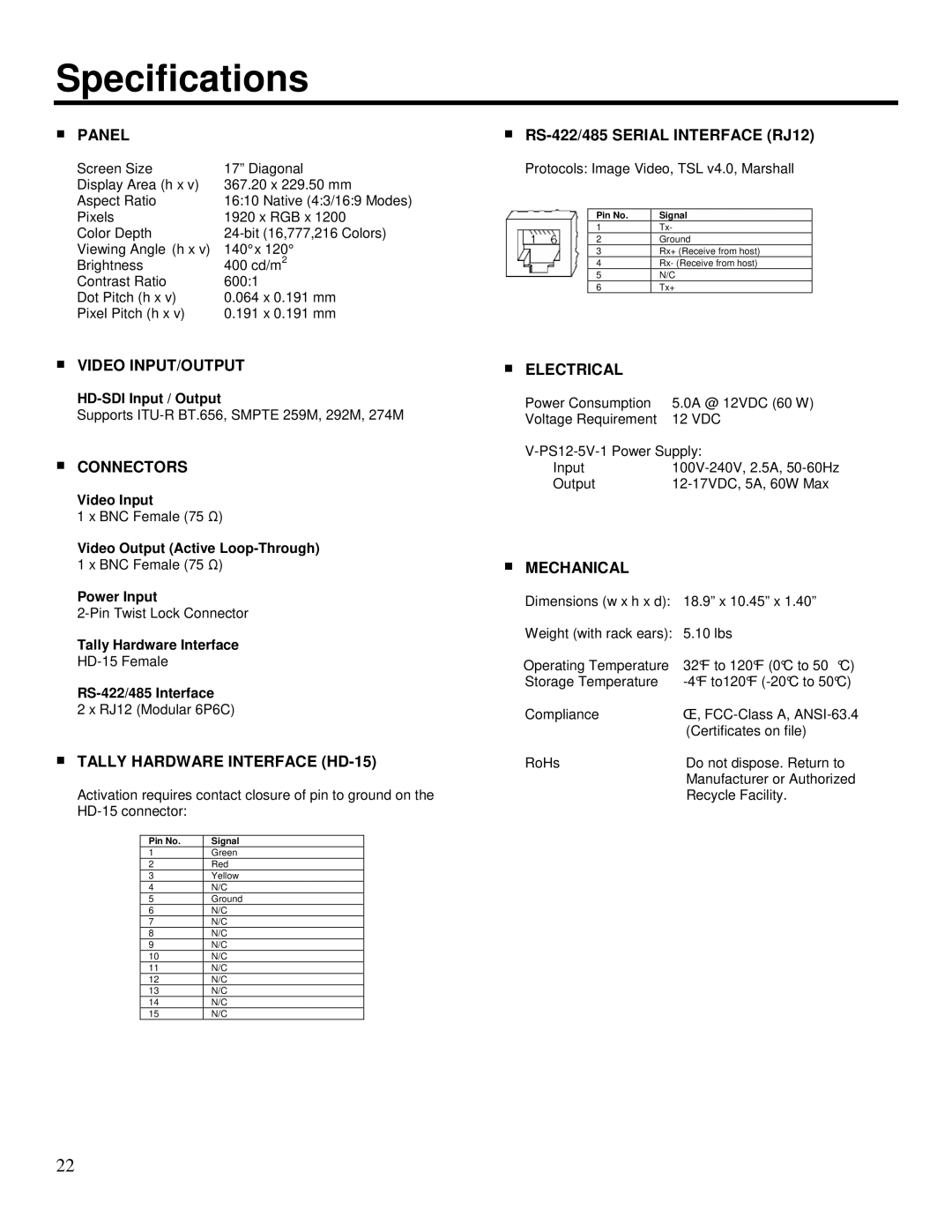 Marshall electronic V-R171-IMD-HDSDI manual Specifications, Panel 