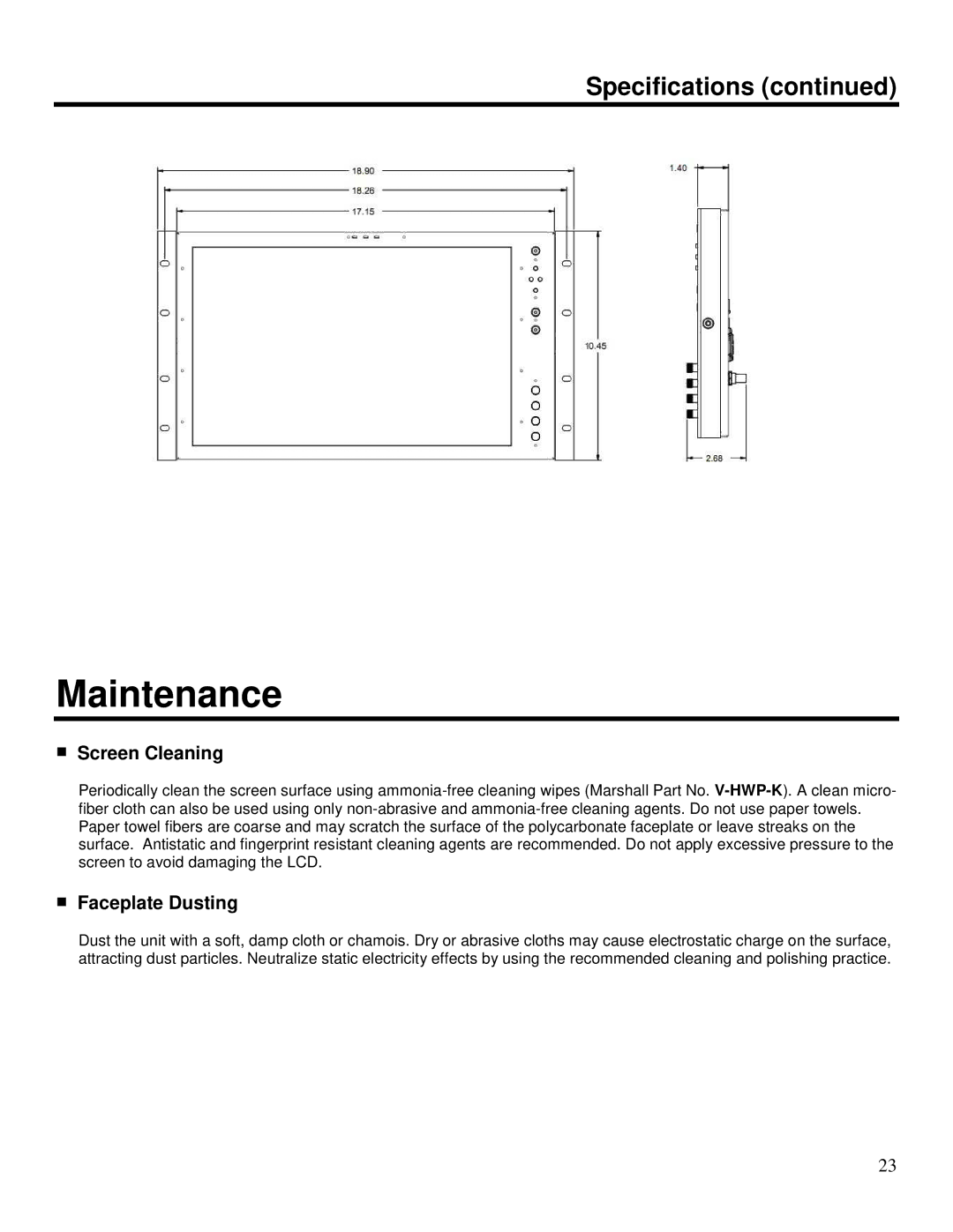 Marshall electronic V-R171-IMD-HDSDI manual Maintenance, Screen Cleaning, Faceplate Dusting 