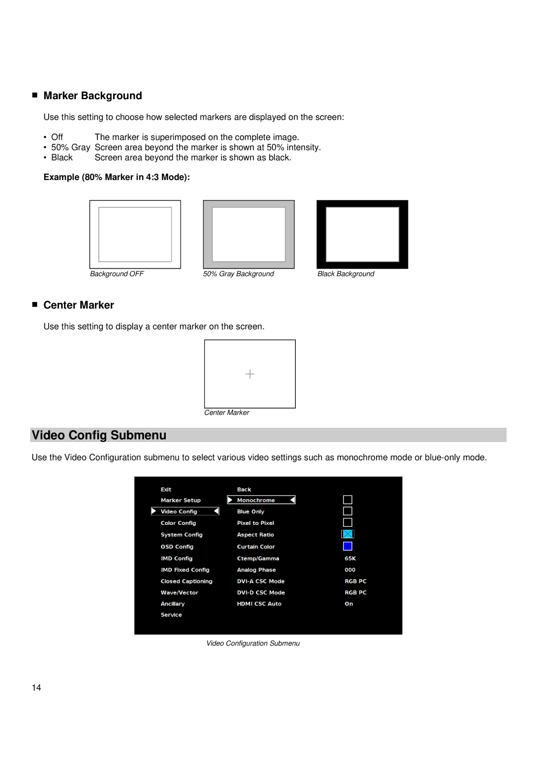 Marshall electronic V-R171X-DLW manual Video Config Submenu, Marker Background, Center Marker 