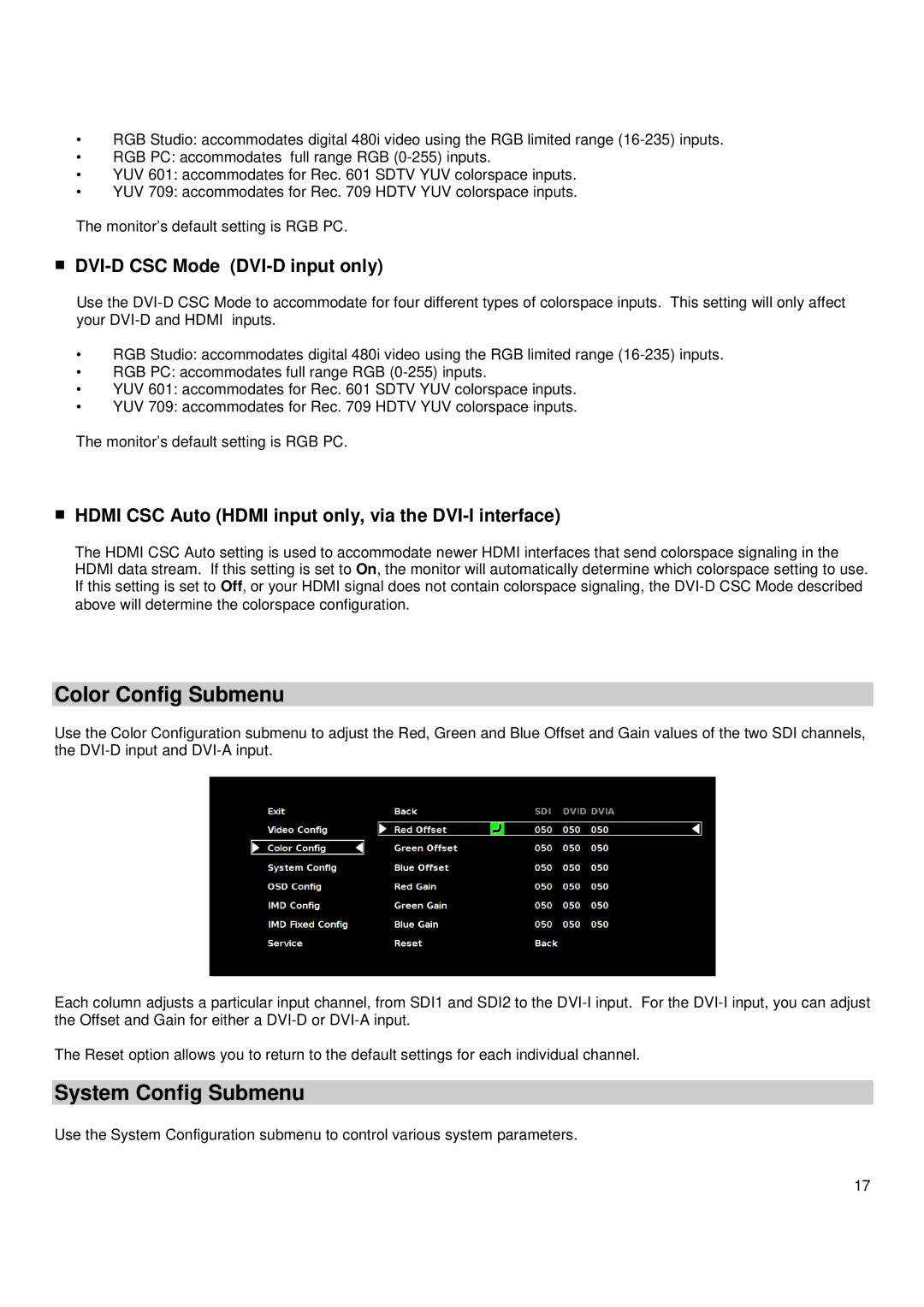 Marshall electronic V-R171X-DLW manual Color Config Submenu, System Config Submenu, DVI-D CSC Mode DVI-D input only 