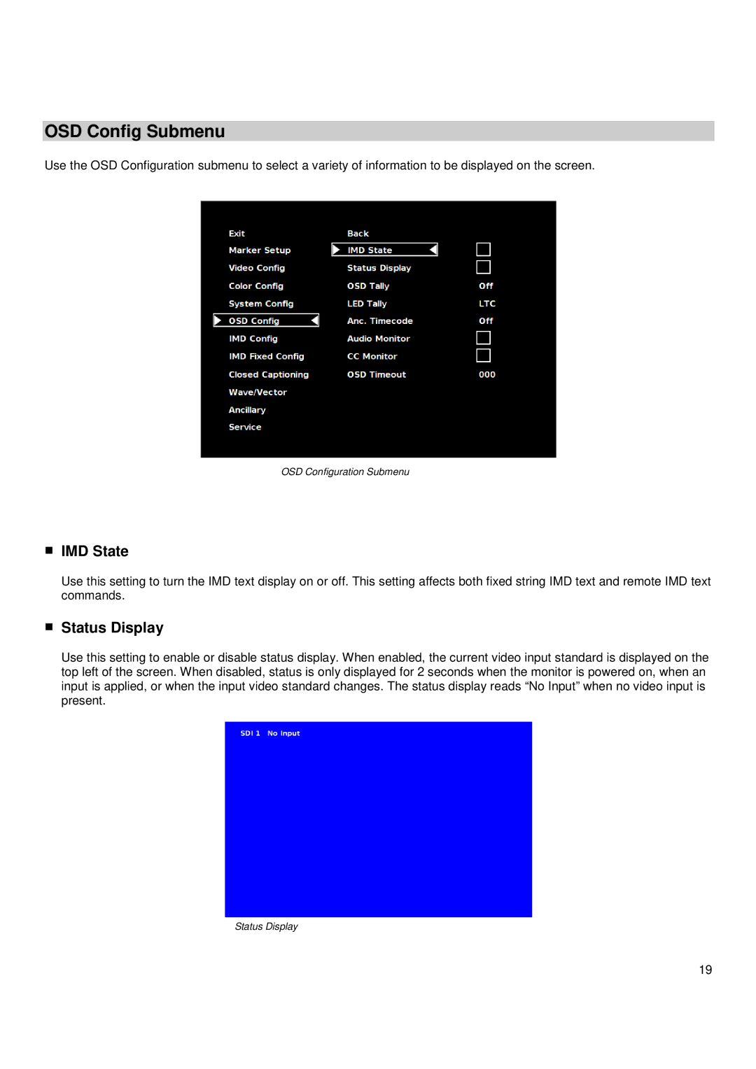 Marshall electronic V-R171X-DLW manual OSD Config Submenu, IMD State, Status Display 