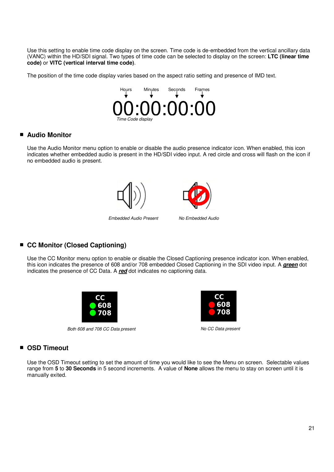 Marshall electronic V-R171X-DLW manual Audio Monitor, CC Monitor Closed Captioning, OSD Timeout 