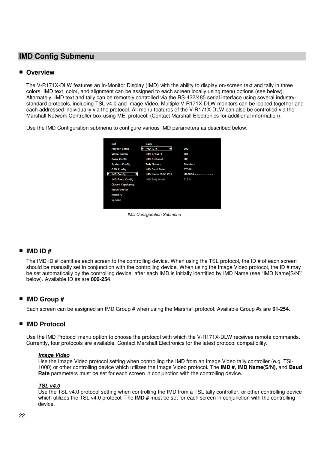 Marshall electronic V-R171X-DLW manual IMD Config Submenu, Overview, Imd Id #, IMD Group #, IMD Protocol 