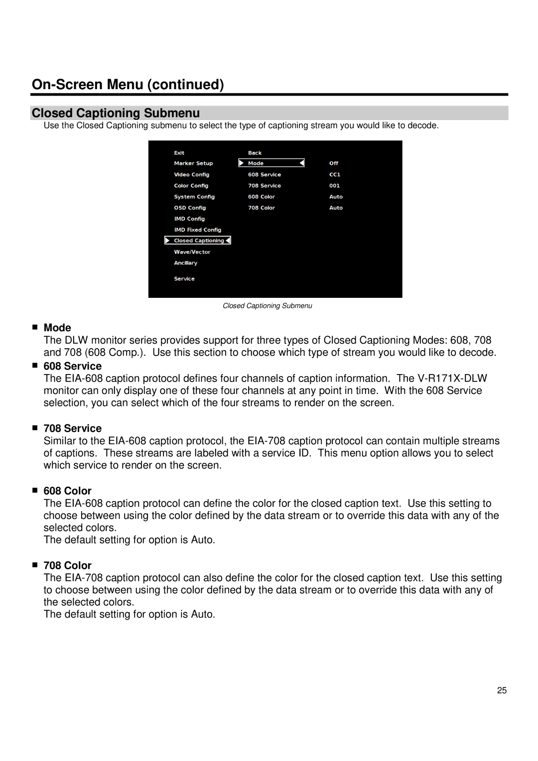 Marshall electronic V-R171X-DLW manual Closed Captioning Submenu, Mode, Service, Color 