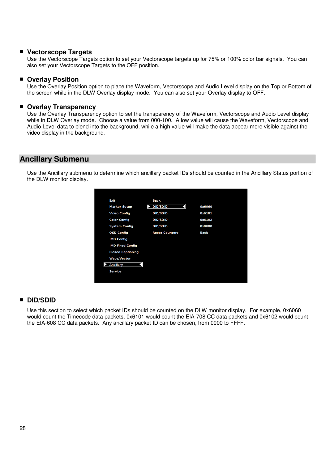 Marshall electronic V-R171X-DLW manual Ancillary Submenu, Vectorscope Targets, Overlay Position, Overlay Transparency 