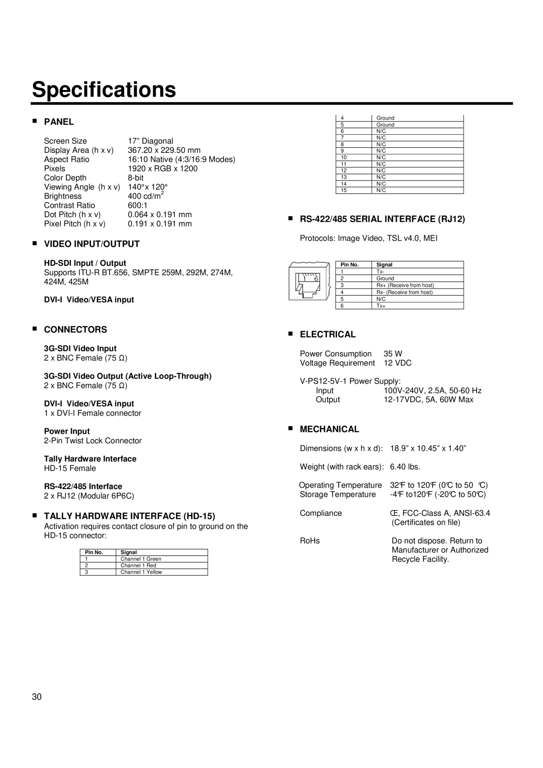 Marshall electronic V-R171X-DLW manual Specifications, Panel 