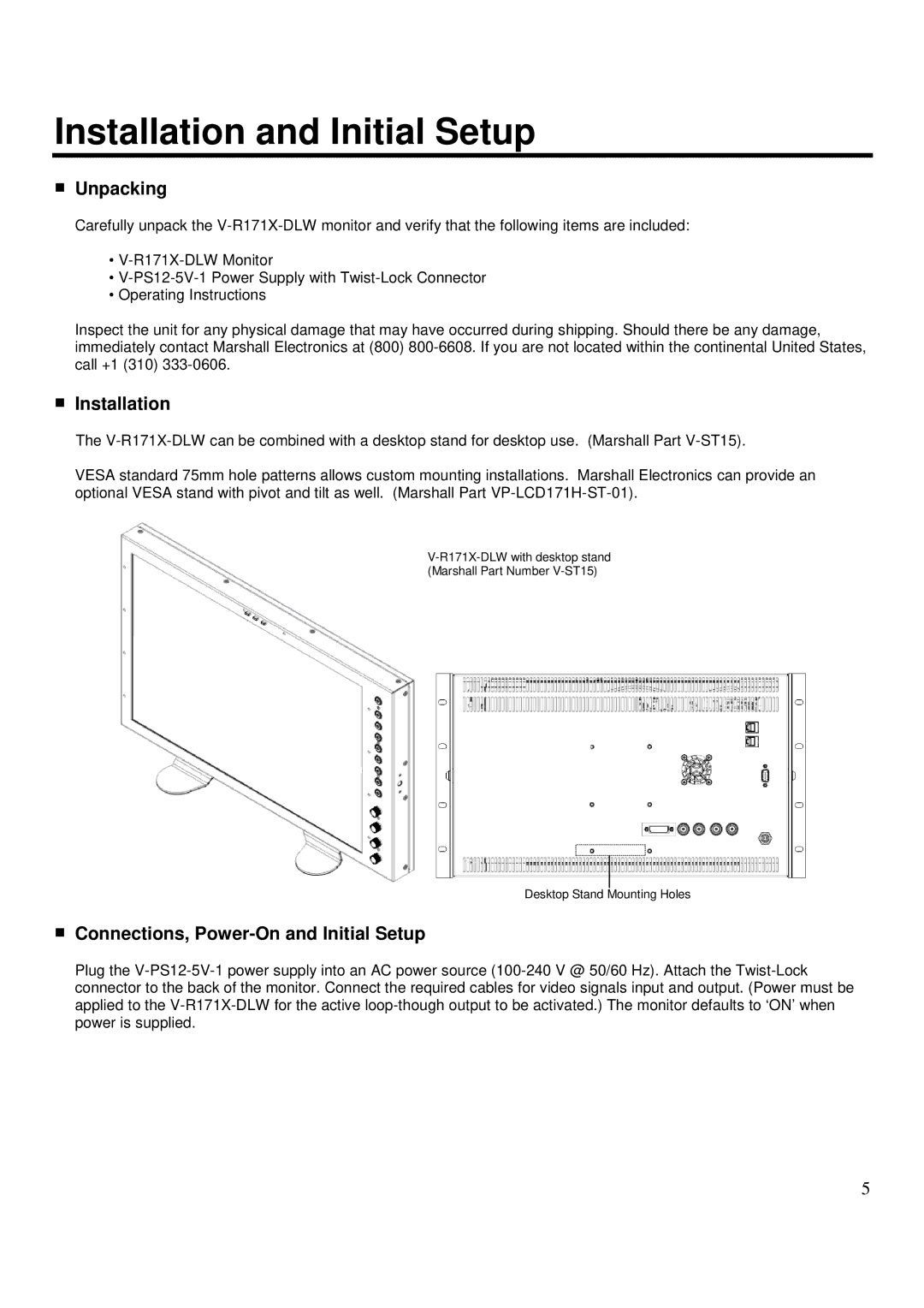 Marshall electronic V-R171X-DLW manual Installation and Initial Setup, Unpacking, Connections, Power-On and Initial Setup 