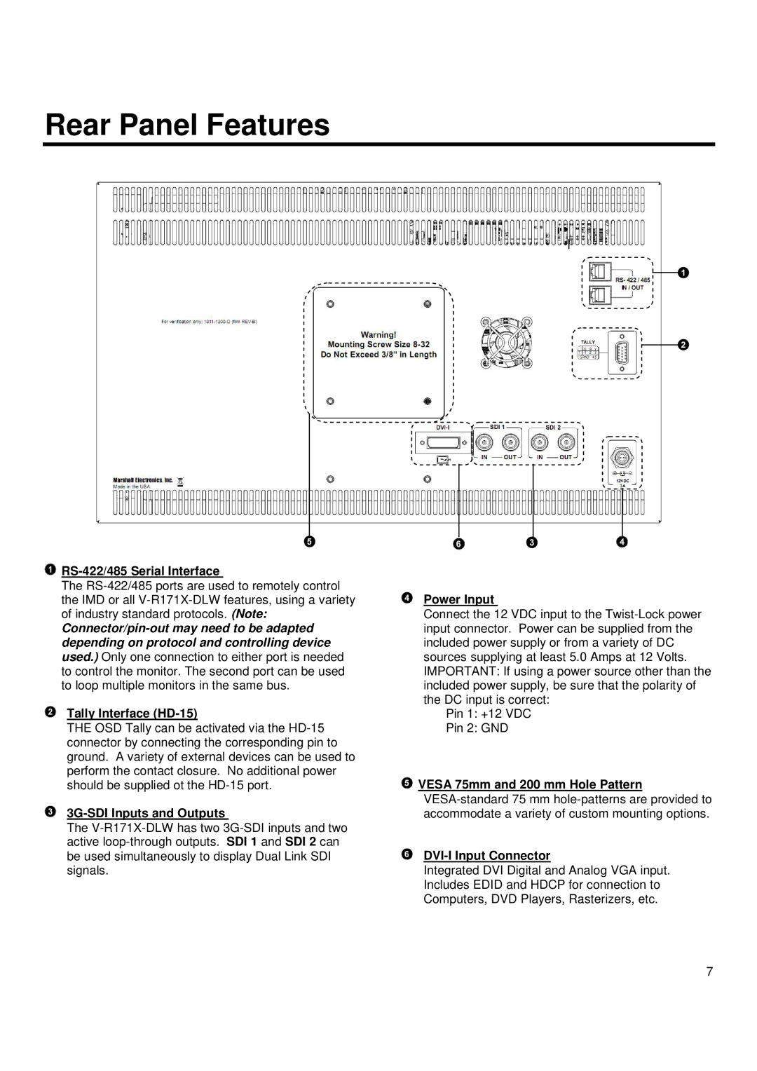 Marshall electronic V-R171X-DLW manual Rear Panel Features, RS-422/485 Serial Interface 