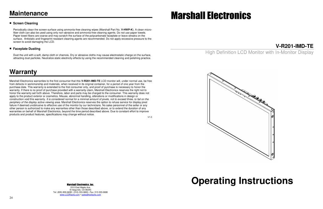 Marshall electronic V-R201-IMD-TE warranty Maintenance, Warranty, Screen Cleaning, Faceplate Dusting 