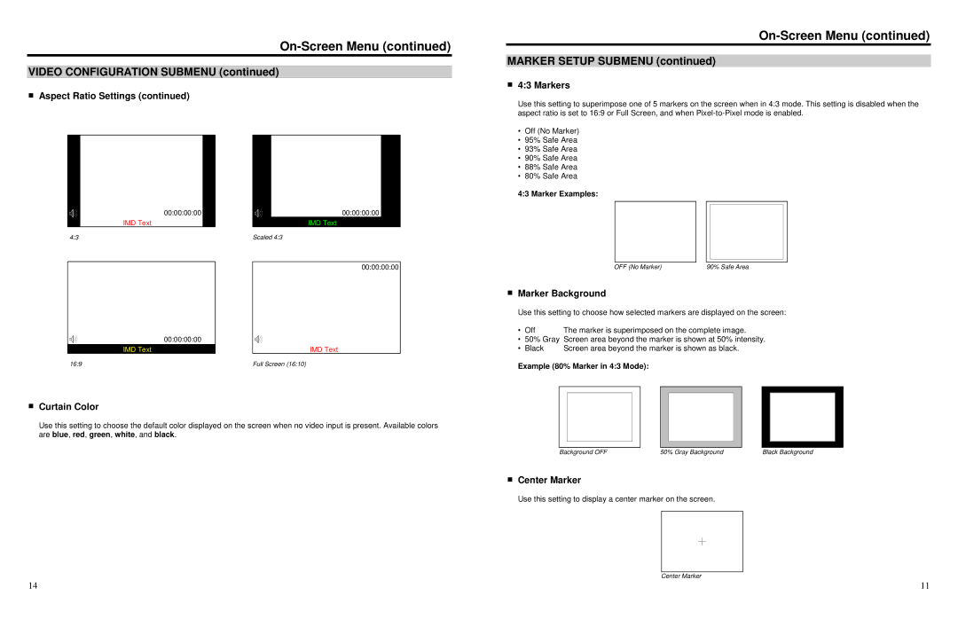 Marshall electronic V-R201-IMD-TE warranty Video Configuration Submenu, Marker Setup Submenu 