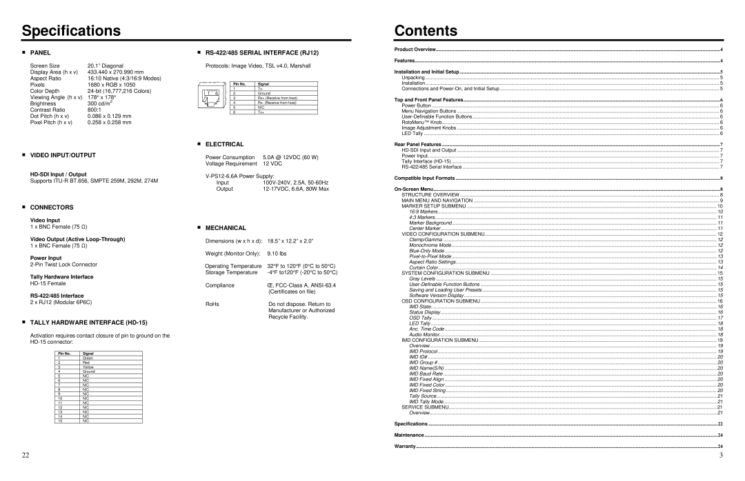 Marshall electronic V-R201-IMD-TE warranty Specifications, Contents 