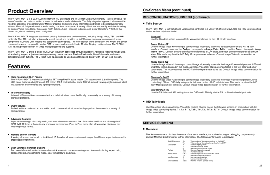 Marshall electronic V-R201-IMD-TE warranty Product Overview, Features, IMD Configuration Submenu, Service Submenu 